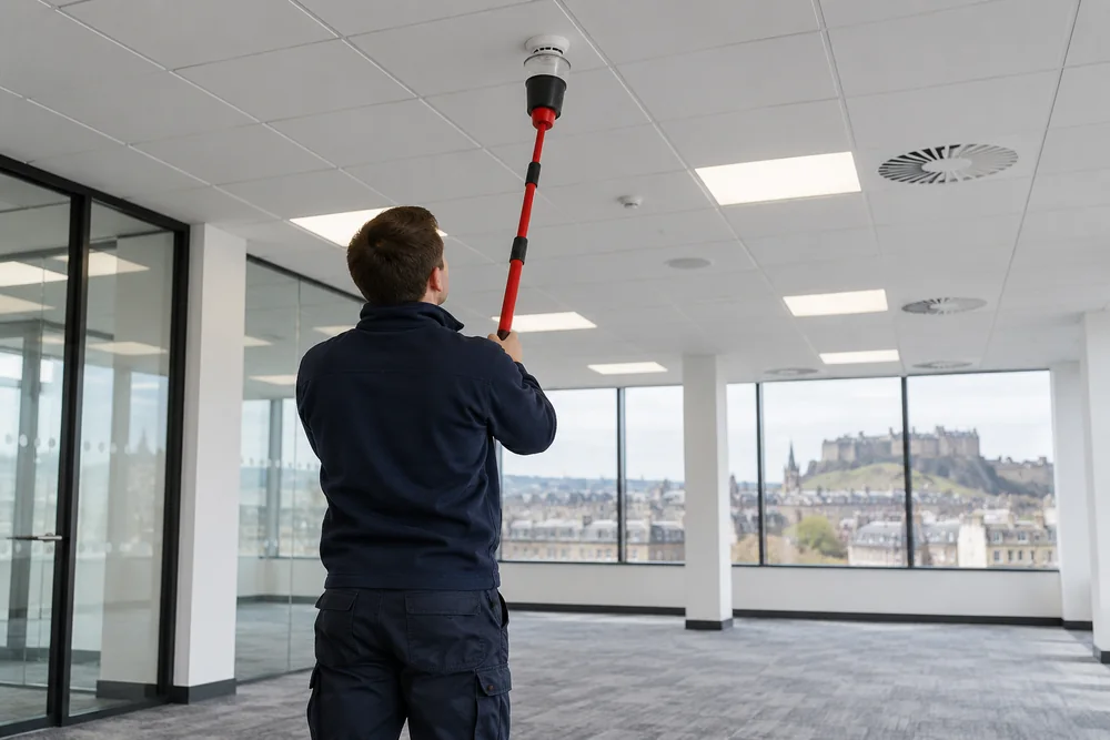 Technician testing a ceiling smoke detector with a telescopic test tool