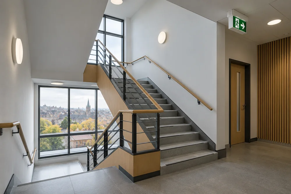 Commercial staircase with emergency luminaires and an illuminated exit pictogram